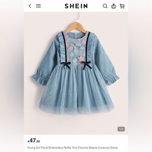 SHEIN Blue Girls Floral Embroidered Tulle Corduroy Dress